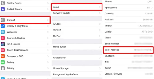 how to find the device name and mac address on an ipad